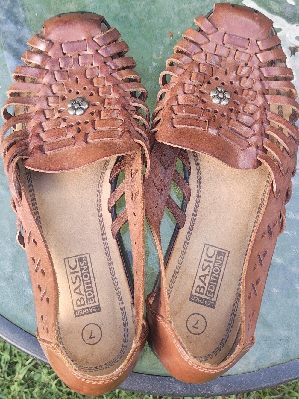 Basic Editions Women's Brown Woven Leather Huarache Flats Size 7